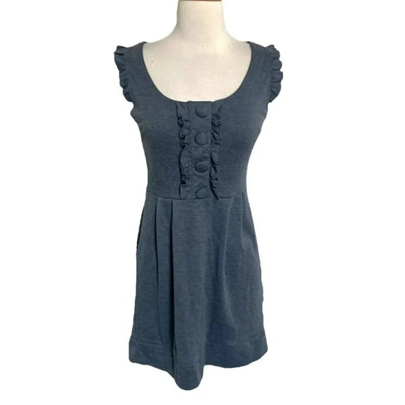 Be Bop S gray scoop neck ruffle sleeve fit & flare dress with buttons Y2K Retro - Picture 1 of 6